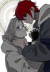 2boys absurdres ahoge aotsuki_eito black_gloves blue_eyes blue_hair blush commentary drawstring eye_contact from_side glasses gloves grey_hair grey_jacket grin halo halo_behind_head hands_on_another&#039;s_neck hands_up highres hood hood_down hooded_jacket jacket long_sleeves looking_at_another looking_down looking_up male_focus mizo_oti_fe multicolored_eyes multicolored_hair multiple_boys own_hands_clasped own_hands_together parted_lips red_eyes red_hair round_eyewear short_hair simple_background smile spoilers strangling streaked_hair sumino_takumi sweat the_hundred_line_-last_defense_academy- two-tone_eyes two-tone_hair upper_body white_background white_jacket wide-eyed yaoi