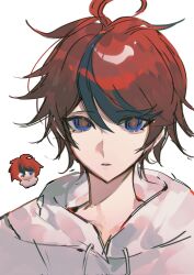1boy black_hair blue_eyes cathon613 chibi drawstring hashtag-only_commentary highres hood hood_down hoodie looking_at_viewer male_focus messy_hair multicolored_hair multiple_views portrait red_hair red_pupils short_hair simple_background streaked_hair sumino_takumi the_hundred_line_-last_defense_academy- two-tone_hair white_background white_hoodie