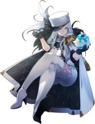 1girl absurdres arm_up ass belt black_belt black_gloves blue_eyes blush boots bowl breasts cape cherry closed_mouth crossed_legs epaulettes feather_coat food fruit full_body game_cg gloves hair_over_breasts hair_over_one_breast hair_over_shoulder hat high_heel_boots high_heels highres holding holding_bowl holding_spoon ice lemon lemon_slice long_hair looking_at_viewer medium_breasts military_hat military_uniform miracle_snack_shop non-web_source nose_blush official_art pantyhose philia_salis print_pantyhose shaded_face shadow short_sleeves sitting smile snowflake_print spoon talesshop thigh_boots thighs tongue tongue_out transparent_background turtleneck ukero white_boots white_cape white_hair white_hat