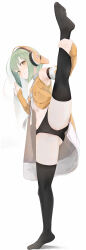 1girl absurdres ahoge armpits ass bare_shoulders black_panties black_thighhighs blush breasts cameltoe center_opening chunithm collar detached_sleeves feet full_body green_hair hand_on_wall headphones highres kisaragi_yaya navel no_pants no_shoes open_clothes open_mouth open_shirt orange_eyes orange_headphones orange_shirt orange_sleeves panties parted_lips ribbon shadow shirt short_hair signature simple_background sky_feather_(chunithm) sleeveless small_breasts socks solo split standing standing_on_one_leg standing_split stomach thighhighs thighs underwear white_background white_ribbon