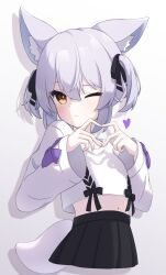 1girl absurdres animal_ear_fluff animal_ears black_ribbon black_skirt blush bow brown_eyes closed_mouth crop_top fox_ears fox_girl fox_tail gradient_background grey_background grey_hair hair_between_eyes hair_ribbon heart heart_hands highres hood karin_(vrchat) long_sleeves looking_at_viewer midriff navel one_eye_closed pleated_skirt purple_bow purple_hair ribbon seika_(eevz2274) shadow shirt simple_background skirt sleeves_past_wrists solo sweater tail twintails two_side_up vrchat white_background white_shirt white_sweater yellow_eyes