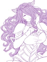 Rule 34 | 1girl, breasts, camilla (fire emblem), cleavage, commentary request, fire emblem, fire emblem fates, gegegenomin, hair over one eye, hand on own chest, hand on own face, horns, large breasts, long hair, looking at viewer, nintendo, one eye covered, purple eyes, purple hair, purple theme, solo, very long hair