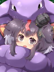 1girl anchor_symbol arbok black_eyes black_hair blush commentary_request commission constriction crossover fang gen_1_pokemon grey_eyes grey_hair hair_between_eyes highres kantai_collection multicolored_hair muuba nintendo open_mouth pokemon pokemon_(creature) short_hair_with_long_locks skeb_commission sweat tokitsukaze_(kancolle) upper_body