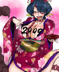00s 1girl 2009 adiane blue_hair breasts cleavage eyepatch female_focus japanese_clothes kimono large_breasts lipstick makeup siroringo solo tattoo tengen_toppa_gurren_lagann tongue