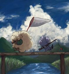 ^_^ blue_sky bridge butterfly_net closed_eyes closed_mouth cloud colored_sclera commentary espurr fishing_rod fluffy from_side full_body gen_5_pokemon gen_6_pokemon grass green_horns grey_fur hand_net happy highres holding holding_butterfly_net holding_fishing_rod horns mountain nintendo no_humans open_mouth outdoors panha pink_sclera poke_ball poke_ball_(basic) pokemon pokemon_(creature) purple_eyes sheep_horns sky smile standing stream walking water whimsicott wooden_bridge