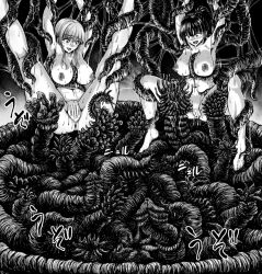 2girls alien arms_up black_hair blush breasts cleavage highres huge_penis imminent_penetration imminent_tentacle large_breasts long_hair monochrome multiple_girls nipples nude original penis penis_awe ponytail precum pussy restrained slime_(substance) spread_legs sweat tentacle_between_breasts tentacle_pit tentacles yuyu_(1bit)