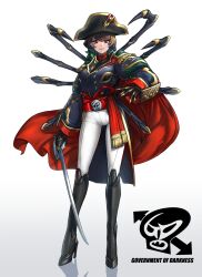 1girl arthropod_girl arthropod_limbs belt belt_buckle bicorne black_boots black_gloves blue_jacket boots brown_hair buckle cape commentary cyborg eidenjyou1997 emblem english_commentary extra_arms full_body genderswap genderswap_(mtf) gloves green_hair hat high_heel_boots high_heels highres holding holding_sword holding_weapon insect_girl jacket kamen_rider kamen_rider_x_(series) kumo_napoleon light_smile looking_at_viewer monster_girl multicolored_hair pants parted_lips red_belt red_cape red_eyes saber_(weapon) shadow simple_background solo spider_girl standing sword thigh_boots weapon white_background