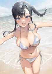 1girl :d beach bikini black_hair blue_sky blush breasts cameltoe cloud collarbone commentary_request day gaki_kyonyuu highres kaedeko_(kaedelic) large_breasts looking_at_viewer ocean open_mouth outdoors outstretched_arms purple_eyes sasaki_miyuki side-tie_bikini_bottom side_ponytail sidelocks sky smile solo standing swimsuit thighs wet white_bikini