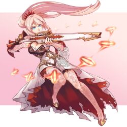 Rule 34 | 1girl, aiming, artist name, artist request, blue eyes, breasts, bullet, detached sleeves, dress, floating hair, floral print, full body, gold, high heels, holding, holding weapon, large breasts, long hair, nails, pink background, ponytail, rose print, serious, shionne (tales), tales of (series), tales of arise, thighhighs, torn clothes, weapon, white hair