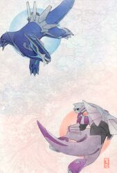 above_clouds absurdres arita_mitsuhiro back claws cloud dialga dragon dragon_tail from_above gen_4_pokemon highres legendary_pokemon looking_at_another nintendo official_art palkia pokemon pokemon_(creature) pokemon_tcg postcard scan sharp_teeth signature sky tail teeth wings