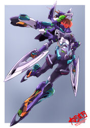 1girl armor breasts commentary_request cosplay gfred gfred_(cosplay) gundam gundam_gquuuuuux headgear highres holding holding_weapon long_hair looking_at_viewer mecha mecha_musume nyaan_(gundam_gquuuuuux) open_mouth power_armor robot science_fiction solo taiga_hiroyuki weapon zeon