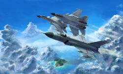 absurdres aircraft airplane chinese_commentary cloud cloudy_sky fighter_jet ground_effect highres impasto island military_vehicle no_humans ocean original people&#039;s_liberation_army people&#039;s_liberation_army_air_force red_star scenery shenyang_j-15 shenyang_j-8 sky star_(symbol) vehicle_focus zhannanren_bu_zhan