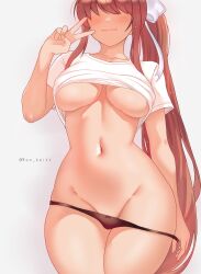 1girl absurdres alternate_costume black_panties blush bow breasts brown_hair collarbone cowboy_shot curvy doki_doki_literature_club faceless grin hair_bow hair_ribbon highres kun_kaiss large_breasts long_hair looking_at_viewer monika_(doki_doki_literature_club) naughty_face navel no_eyes panties panty_pull ponytail pulling_own_clothes ribbon shirt shirt_rolled_up short_sleeves sidelocks simple_background smile solo stomach t-shirt teasing thighs torso_flash underboob underwear undressing v very_long_hair white_background white_bow white_ribbon white_shirt wide_hips