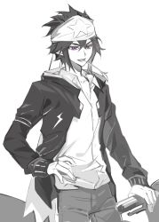 1boy absurdres aotu_world bandana chinese_commentary cowboy_shot greyscale hair_between_eyes hand_on_own_hip headband highres jacket long_sleeves looking_at_viewer male_focus monochrome mouth_hold official_alternate_costume open_clothes open_jacket open_mouth pants pointy_ears purple_eyes ray_(aotu_world) shirt simple_background smile solo spot_color star_(symbol) star_print sukebegg white_background