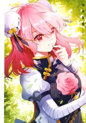 1girl absurdres ahoge azuma_aya bandaged_arm bandages black_tabard bun_cover character_name closed_mouth cuffs double_bun flower hair_between_eyes hair_bun hand_on_own_chin highres ibaraki_kasen leaf medium_hair pink_flower pink_hair pink_rose puffy_short_sleeves puffy_sleeves rose scan shirt short_sleeves smile solo tabard third-party_source touhou upper_body white_shirt