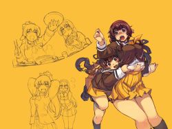 2girls arms_up belly belly_grab blue_eyes blush bow bowl breast_envy breasts brown_eyes brown_hair eating food hair_bow large_breasts long_hair mil_(xration) mitsurugi_ryouko multiple_girls noodles open_mouth plump ponytail real_bout_high_school school_uniform serafuku skirt socks thick_thighs thighs weight_conscious yuuki_hitomi