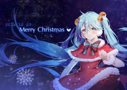 1girl 2016 alternate_costume aqua_eyes bell blush breasts capelet dated earmuffs english_text female_focus hatsune_miku highres long_hair medium_breasts santa_costume smile snowflakes solo vocaloid wrist_cuffs yyb