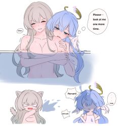 Rule 34 | 2girls, animal ears, biting, blue hair, blush, breasts, cat ears, cat tail, cleavage, closed eyes, completely nude, covering breasts, covering privates, firefly (honkai: star rail), gradient hair, green eyes, grey hair, hair between eyes, hair intakes, halo, head wings, highres, honkai: star rail, honkai (series), in water, large breasts, long hair, multicolored hair, multiple girls, nude, open mouth, robin (honkai: star rail), speech bubble, splashing, tail, teeth, thought bubble, wet, wings, yellow halo, yuuncx