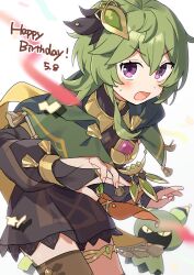 Rule 34 | 1girl, black gloves, blurry, blurry foreground, blush, bridal gauntlets, brown dress, brown thighhighs, capelet, collei (genshin impact), commentary request, confetti, cuilein-anbar (genshin impact), dated, dress, genshin impact, gloves, gold trim, green capelet, green hair, happy birthday, highres, leaning forward, looking at viewer, open mouth, ponpoko, purple eyes, short hair, simple background, single thighhigh, solo, surprised, thigh strap, thighhighs, white background