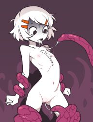 1girl :o after_fellatio after_vaginal akableak ako_(akableak) bob_cut bound bound_legs bound_thighs bound_wrists breasts bright_pupils cleft_of_venus collarbone commentary completely_nude constricted_pupils cum cum_in_mouth cum_on_body cum_on_breasts cum_on_chest cum_on_upper_body cum_string english_commentary flat_chest gloom_(expression) groin hair_ornament hairclip highres looking_at_monster looking_at_penis navel nipples nude open_mouth original penis_tentacle petite purple_background pussy raised_eyebrows restrained ribs shaded_face short_hair solo standing surprised swept_bangs teeth tentacle_sex tentacles uncensored upper_teeth_only veiny_tentacles white_hair white_pupils wide-eyed