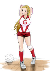 1girl absurdres arms_behind_head arms_up awanokami ball blonde_hair brown_eyes closed_mouth commentary girls_und_panzer hair_pulled_back hairband highres knee_pads long_hair looking_to_the_side ponytail red_shirt red_shorts red_socks sasaki_akebi shirt shoes short_shorts shorts simple_background sleeveless sleeveless_shirt smile sneakers socks solo sportswear standing volleyball volleyball_(object) volleyball_uniform white_background white_hairband white_shoes wooden_floor