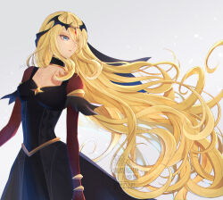 1girl black_dress blonde_hair blue_eyes breasts collarbone cowboy_shot cynthia_(pokemon) cynthia_(sygna_suit)_(renegade)_(pokemon) dress grey_background hair_over_one_eye long_hair nintendo pokemon pokemon_masters_ex sakaralalala simple_background small_breasts solo very_long_hair