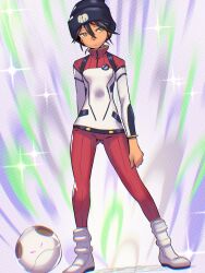 1girl arms_at_sides beanie black_hair black_hat closed_mouth commentary_request contrapposto dark-skinned_female dark_skin female_focus frown full_body gluteal_fold green_eyes gundam gundam_gquuuuuux hair_between_eyes haro hat highres legs_apart mecha_pilot_suit normal_suit_(gundam) nyaan_(gundam_gquuuuuux) solo soon_(c-u-soon) standing turtleneck