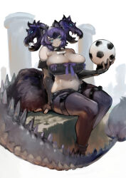 Rule 34 | 1girl, alternate breast size, animal collar, animal ears, ball, bare shoulders, belt, big hair, black hair, black shorts, blue hair, bone necklace, bow, breasts, cerberus (kemono friends), collar, dog ears, elbow gloves, fingerless gloves, gloves, glowing, grey pantyhose, hand rest, hand up, hatch (hatch box), holding, holding ball, huge breasts, kemono friends, kemono friends 3, lizard tail, long tail, looking at object, midriff, multicolored hair, navel, open clothes, open fly, open shorts, pale skin, pantyhose, pantyhose under shorts, parted lips, purple bow, purple hair, scar, scar across eye, scar on face, shoes, short shorts, shorts, sitting, skindentation, soccer ball, solo, spiked collar, spikes, stomach, strapless, tail, thigh belt, thigh strap, tube top, two side up