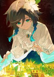 1boy aqua_hair ascot black_hair blanket blue_hair braid building center_frills city closed_mouth commentary_request flower frilled_sleeves frills gem genshin_impact gradient_hair green_eyes hair_between_eyes hair_flower hair_ornament highres house leaning_forward long_sleeves looking_down male_focus medium_hair mondstadt_city multicolored_hair shirt side_braids smile solo statue twin_braids udukinoiris venti_(genshin_impact) white_ascot white_flower white_shirt windmill