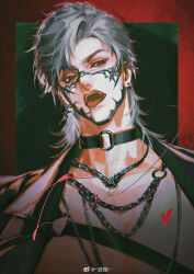 black_choker chain chain_necklace choker earrings english_text fang green_background grey_hair hai_fu highres jewelry lips looking_at_viewer love_and_deepspace male_focus medium_hair mismatched_earrings muzzle_(mask) necklace open_mouth red_background red_eyes simple_background solo sylus_(love_and_deepspace) teeth tongue tongue_out upper_body watermark weibo_username weibo_watermark