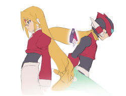 Rule 34 | 2boys, biometal, black eyes, blonde hair, blue eyes, cropped jacket, energy sword, forehead jewel, from side, girouette (mega man), glasses, helmet, holding, holding sword, holding weapon, in-franchise crossover, jacket, long hair, mayutsuba mono, mega man (series), mega man zx, model z (mega man), multiple boys, pants, profile, red helmet, red jacket, robot ears, simple background, sketch, sword, weapon, white background, white pants, z saber, zero(z) (mega man), zero (mega man)