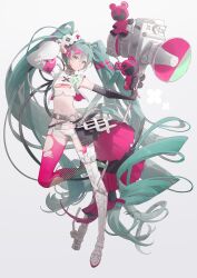 1girl aqua_eyes aqua_hair asymmetrical_clothes asymmetrical_footwear asymmetrical_gloves asymmetrical_sleeves black_gloves boots crown_belt_buckle elbow_gloves fingerless_gloves full_body gloves goodsmile_racing hair_intakes half-skirt half_gloves hatsune_miku highres holding holding_megaphone lace-up_boots leg_up long_hair megaphone midriff mismatched_footwear mismatched_gloves navel pink_gloves pleated_skirt racing_miku racing_miku_(2025) short_shorts shorts shuno_(xiaonuo) simple_background skirt solo torn_clothes very_long_hair vocaloid white_background white_boots white_shorts