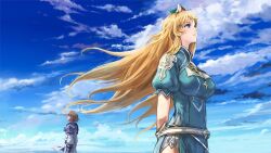 1boy 1girl armor arms_behind_back artist_request belt blonde_hair blue_eyes blue_sky breasts brown_hair cloud coat commentary commentary_request dress english_commentary floating_clothes floating_hair frey_(king&#039;s_raid) green_dress green_hat hat highres kasel_(king&#039;s_raid) king&#039;s_raid korean_commentary long_hair medium_breasts mixed-language_commentary official_art puffy_short_sleeves puffy_sleeves second-party_source short_hair short_sleeves shoulder_armor sky white_belt white_coat wind