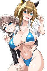 animal_ears bikini blue_bikini blue_eyes blush breasts brown_hair cheval_grand_(umamusume) cleavage collared_shirt cowboy_shot crossover dress_shirt ear_covers grey_hair grin haiwo highres horse_ears horse_girl jacket large_breasts love_live! love_live!_sunshine!! multicolored_hair navel nose_blush open_clothes open_shirt shirt simple_background smile streaked_hair suit_jacket swimsuit umamusume watanabe_you wavy_mouth white_background white_shirt