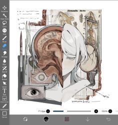 1girl :| anatomy art_program_in_frame artist_name blue_eyes brain character_name closed_mouth colored_eyelashes commentary cropped_shoulders english_commentary eyeball faust_(project_moon) half-closed_eyes highres ibispaint_(medium) limbus_company looking_at_viewer maruma_gozu medium_hair organs project_moon white_hair