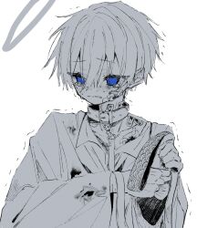 1boy bandaged_wrist bandaged_wrists bandages bandaid bandaid_on_cheek bandaid_on_face bandaid_on_neck blood blood_on_clothes blue_eyes bruise bruise_on_face bruise_on_neck collar collared_shirt facing_viewer hair_between_eyes halo hands_up highres holding holding_leash injury leash long_sleeves looking_away looking_to_the_side male_focus monochrome original parted_lips piyopiyomaru_(piyopiyomaru_0) scared shaking shiro_(piyopiyomaru_(piyopiyomaru_0) shirt short_hair solo sweat sweatdrop tearing_up trembling