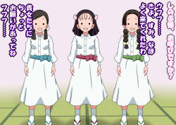 Rule 34 | 3girls, absurdres, braid, breasts, cherry blossoms, dress, flower, hair flower, hair ornament, highres, kimetsu no yaiba, long dress, long sleeves, multiple girls, nakahara sumi, sandals, sash, small breasts, smile, socks, solid circle eyes, takada naho, tengukizoku, terauchi kiyo, translation request, twin braids, twintails, white dress