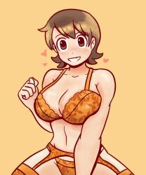 1girl aioi_yuuko bare_shoulders bra breasts brown_eyes brown_hair cleavage clenched_teeth collarbone cowgirl_position dot_nose dozo_gon heart huge_breasts implied_sex light_blush looking_at_viewer navel nichijou orange_background orange_bra pov print_bra short_hair simple_background skindentation smile straddling teeth underwear