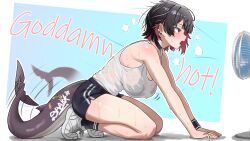 Rule 34 | 1girl, absurdres, afterimage, bamboo tac, bare shoulders, black hair, blush, bra visible through clothes, breasts, colored inner hair, commentary request, electric fan, ellen joe, english text, fins, fish tail, from side, highres, hot, large breasts, motion lines, multicolored hair, open mouth, pink hair, red eyes, see-through clothes, shark girl, shark tail, shirt, short hair, solo, sweat, tail, tank top, very sweaty, wet, wet clothes, wet shirt, zenless zone zero