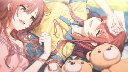 Rule 34 | 2girls, closed eyes, game cg, highres, idolmaster, idolmaster shiny colors, idolmaster shiny colors song for prism, lying, multiple girls, official art, on back, open mouth, orange eyes, osaki amana, osaki tenka, red hair, striped clothes, stuffed animal, stuffed toy, teddy bear