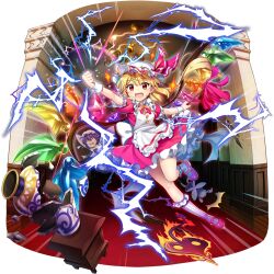 3girls :d alternate_costume apron back_bow blonde_hair bow bowtie broken broken_vase chandelier clenched_hand crystal dress duster fairy fairy_maid_(touhou) fairy_wings flandre_scarlet flandre_scarlet_(devilish_helper) frilled_dress frills full_body game_cg glasses hat hat_ribbon highres holding holding_duster indoors laevatein_(touhou) leg_up long_hair looking_at_viewer maid maid_apron mob_cap multiple_girls official_art one_side_up open_mouth pink_dress pink_ribbon pink_shoes pointy_ears puffy_short_sleeves puffy_sleeves red_eyes ribbon rotte_(1109) shoes short_sleeves smile socks striped_clothes striped_socks sweatdrop teeth third-party_source touhou touhou_lostword transparent_background upper_teeth_only vase vertical-striped_clothes vertical-striped_socks white_apron white_bow white_hat white_socks wings wrist_cuffs