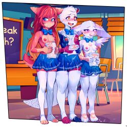 3girls absurdres animal_ears bird_girl blue_bow blue_bowtie blue_eyes blue_skirt border bow bowtie breasts classroom commentary commission cum cum_on_body cum_on_clothes english_commentary facial feathered_wings full_body furry furry_female highres holding holding_paper indoors long_hair miniskirt moneymop multiple_girls nipples orange_eyes original paper purple_eyes red_hair short_hair skirt small_breasts standing tail thighhighs toeless_legwear topless_female transparent_border variant_set white_thighhighs wings