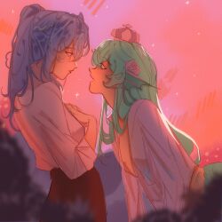 2girls aqua_hair blue_hair blurry blush breasts crown depth_of_field elira_pendora enrosezs finana_ryugu fins from_side hand_on_own_chest head_fins head_wings high_ponytail highres lazulight long_hair looking_at_another medium_breasts mermaid monster_girl multiple_girls nijisanji nijisanji_en nose_blush open_clothes open_mouth open_shirt ponytail sky small_breasts star_(sky) starry_sky virtual_youtuber wings yuri