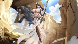 1girl absurdres ancient_egyptian anklet artist_request barefoot belt blue_eyes blue_nails bracelet breasts covered_erect_nipples earrings echocalypse eye_of_horus floating gloves gold_belt head_ornament highres holding holding_staff huge_breasts jewelry long_hair looking_at_viewer necklace official_art official_wallpaper ruins shirt sideboob single_bare_leg single_glove single_sleeve sphinx_(echocalypse) staff stomach_tattoo tattoo underboob white_shirt