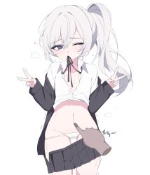 1girl absurdres artist_request black_jacket black_skirt blue_eyes clothes_lift clothes_pull collared_shirt commission cowboy_shot disembodied_hand double_v grey_hair highres jacket long_hair long_sleeves looking_at_viewer mouth_hold navel neck_ribbon one_eye_closed original panties pleated_skirt poking_belly ribbon second-party_source shirt shirt_lift side_ponytail simple_background skirt skirt_pull solo_focus underwear v white_background white_panties white_shirt