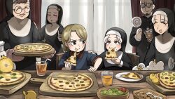 1boy 5girls :d aged_down beard bird black_hair blonde_hair blue_eyes blue_shirt candy chef_hat chicken chocolate_chip_cookie closed_eyes commentary cookie diva_(hyxpk) duck duckling eating english_commentary facial_hair father_(diva) food glasses grey_hair hat highres little_nuns_(diva) lollipop mole mole_on_cheek mole_under_mouth multiple_girls nun open_mouth pancake_nun_(diva) parted_grey_nun_(diva) pizza pizza_cutter round_eyewear salad shirt short_hair smile smug_nun_(diva) star_nun_(diva) star_ornament strict_nun_(diva) sunglasses swirl_lollipop traditional_nun
