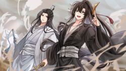 Rule 34 | 2boys, :d, ahoge, between fingers, bishounen, black eyes, black hair, black hanfu, chinese clothes, closed mouth, collarbone, colored smoke, floating clothes, hair between eyes, hair ornament, hair ribbon, hand up, hanfu, headband, high ponytail, highres, holding, holding ofuda, holding sword, holding weapon, lan wangji, long hair, long sleeves, looking at viewer, male focus, modao zushi, multiple boys, ofuda, ofuda between fingers, open mouth, outdoors, pectoral cleavage, pectorals, ponytail, red ribbon, ribbon, robe, sash, semiusa1010, sheath, sheathed, sidelocks, smile, smoke, standing, sword, sword tassel, talisman, tassel, tassel hair ornament, teeth, topknot, very long hair, weapon, wei wuxian, white hanfu, white headband, wide sleeves, xiao guan (headdress), yellow eyes