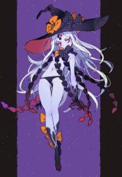 1girl abigail_williams_(fate) abigail_williams_(third_ascension)_(fate) black_panties breasts colored_skin fate/grand_order fate_(series) full_body grey_skin hat highres keyhole long_hair looking_at_viewer navel oimo_(14sainobba) panties red_eyes revealing_clothes small_breasts solo thigh_gap third_eye underwear very_long_hair witch_hat