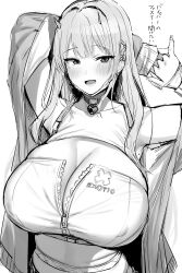 Rule 34 | 1girl, absurdres, arm behind head, blunt bangs, blush, breasts, cleavage, cleavage cutout, clothes writing, clothing cutout, collarbone, covered erect nipples, crop top, artistic error, goddess of victory: nikke, greyscale, hair intakes, hair ornament, heart, high-waist skirt, highres, horns, hotate-chan, huge breasts, jacket, long hair, long sleeves, looking at viewer, lower teeth only, mask pull, mole, mole under eye, monochrome, open clothes, open jacket, open mouth, simple background, sketch, skirt, sleeves past wrists, solo, teeth, upper body, viper (nikke), wrong hand, zipper, zipper pull tab