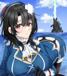 Rule 34 | 1girl, bandages, beret, black hair, black panties, black scales, blue hat, blue jacket, blue skirt, blue sky, breasts, chamumi (mochiumee), cloud, crossed bandaids, day, garter straps, godzilla, godzilla (minus one), godzilla (series), godzilla minus one, hashtag-only commentary, hat, jacket, kaiju, kantai collection, large breasts, laser, military uniform, outdoors, panties, red eyes, short hair, skirt, sky, solo, takao (kancolle), thong, toho, underwear